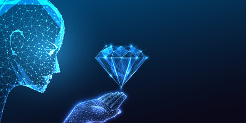 Value of innovation and creativity in technology concept with blue AI robotic head holding diamond  © Inna