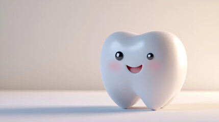 Happy Cartoon Tooth with Blush Cheeks in a 3D Render. Isolated Dental Character Illustration on a Soft Background for Dentistry Concept.