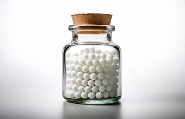 A close-up of small, round, white homeopathy pellets contained within a small, transparent glass jar, placed on an isolated pure white background