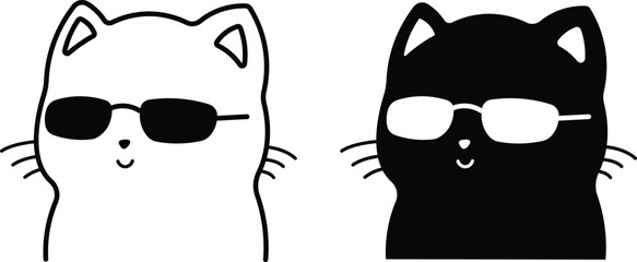 Cat with sunglasses cartoon character cute kitten Isolated silhouette black and white