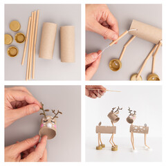 Step-by-step tutorial collage for DIY reindeer puppets made from cardboard tubes, recycled toilet...