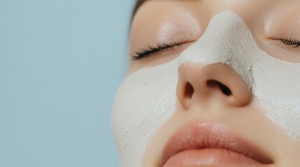 A woman relaxes with a white clay mask on her face, captured in a serene moment against a soft, white background