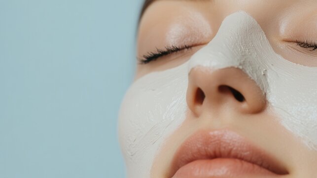 A woman relaxes with a white clay mask on her face, captured in a serene moment against a soft, white background