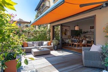 Sunny terrace enhanced with a retractable awning and stylish furniture, ideal for relaxing in a modern outdoor setting.