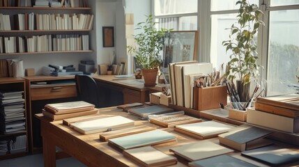 Fototapeta premium Workshop featuring bookbinding materials and organized space
