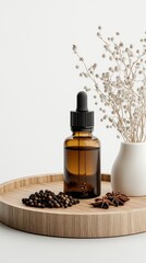 Clove essential oil is showcased in elegant glass bottles on a wooden tray, surrounded by peppercorns and dried leaves