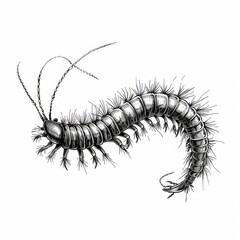 Fototapeta premium Black and white illustration of a centipede on a white background.
