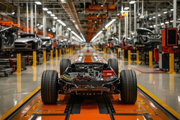Fototapeta premium An automotive factory features the midway point of car production, highlighting chassis on the assembly line, surrounded by workers and machinery in a bustling manufacturing environment