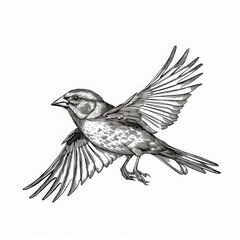 Obraz premium A detailed black and white illustration of a bird in mid-flight with its wings spread.