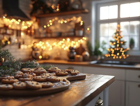 Christmas cookie exchange with glowing AR recipe sharing, cozy holiday kitchen, soft warm lighting, photorealistic