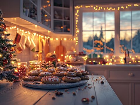 Christmas cookie exchange with glowing AR recipe sharing, cozy holiday kitchen, soft warm lighting, photorealistic