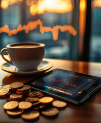 A cozy setting featuring a cup of coffee, scattered coins, and a digital tablet displaying financial data against a sunset backdrop.