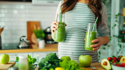 Pregnant woman holding green smoothies in kitchen surrounded by fresh vegetables and fruits