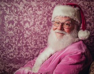 Obraz premium stylish Santa Claus dressed in a purple suit, surrounded by purple gift boxes, with snowflakes falling gently around him. The scene combines traditional holiday cheer with a modern, trendy color