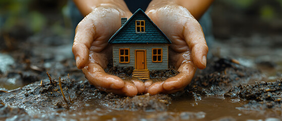 Hands Protecting a Home: A pair of muddy hands cradle a small house model, symbolizing the resilience and determination to rebuild after a flood or disaster.
