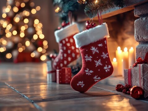 Christmas stocking stuffer ideas with glowing AR product recommendations, cozy indoor holiday setting, soft warm lighting, photorealistic