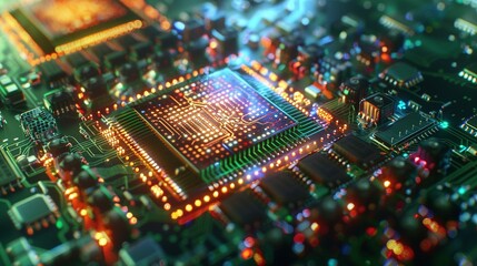Obraz premium Illuminated Microchip on a Circuit Board
