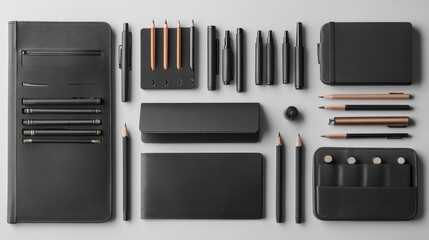 Stationery essentials including notebooks, pens, and pencils