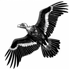 Obraz premium A detailed black and white illustration of a vulture in flight with its wings spread wide.