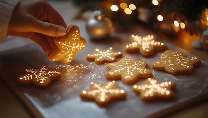 Cookie decorating station with glowing AR design and ingredient guides, cozy indoor holiday setting, soft warm lighting, photorealistic