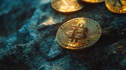 Bitcoin. Physical cryptocurrency in the form of golden bitcoin coins. new digital currency.
