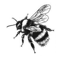 A black and white illustration of a bee with its wings spread out.