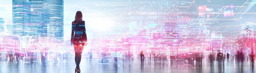 Exploring the Future A Synthwave Visualization of a Digital Workspace in a Neon Cityscape