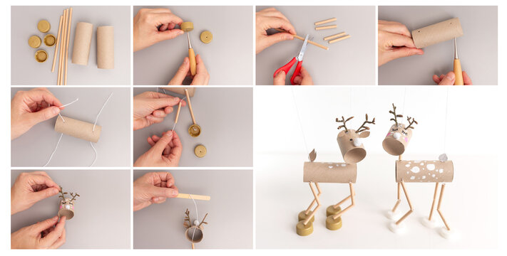 Step-by-step tutorial for creating DIY reindeer puppets using cardboard tubes, wooden sticks, and bottle caps. Collage showing assembly process from materials to finished craft.