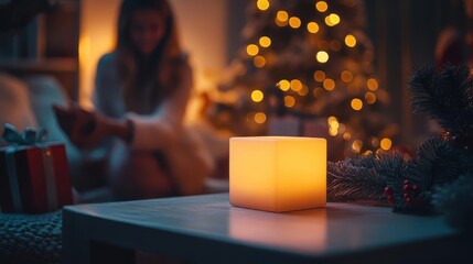 Gift exchange with glowing AR gift ideas, cozy holiday party, soft warm lighting, photorealistic