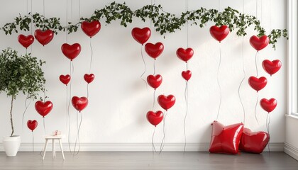 Valentine theme with red heart-shaped balloons, perfect for romantic product displays.