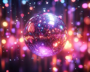 Glitter ball drop with glowing AR countdown and light effects, vibrant party setting, dynamic lighting, photorealistic