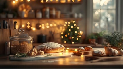 Holiday baking with glowing AR recipe tools, cozy kitchen setting, soft warm lighting, photorealistic