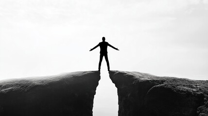 man stands confidently on cliff edge, embracing risk and opportunity