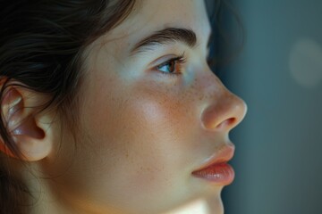 Portrait of young woman with freckles looking away
