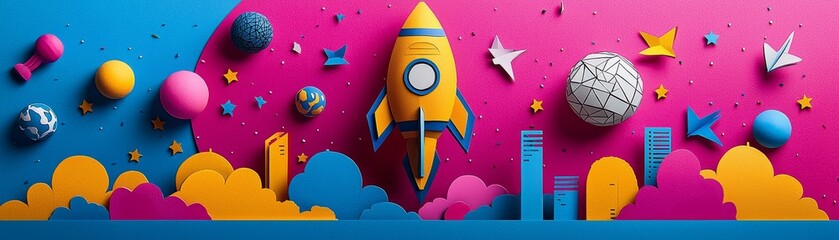 Naklejka premium Celebrating Success A Vibrant Papercut Scene of Employees in Joyful Festivity