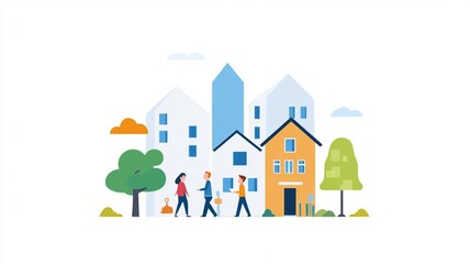 Colorful illustration of people walking in neighborhood with houses and trees