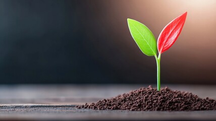 vibrant green and red plant sprouting from dark soil, symbolizing growth and potential