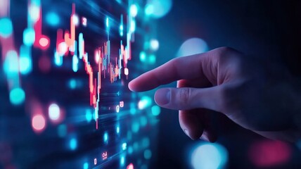 Hand touching digital stock market graph with colorful data points