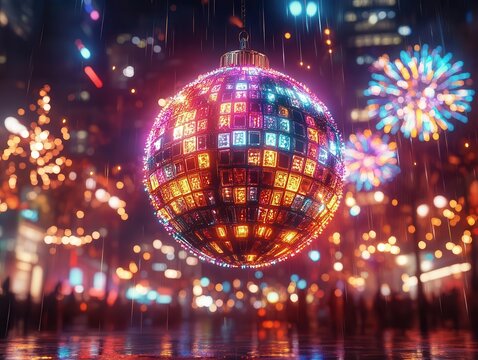 New Year s ball drop with glowing AR countdown and fireworks, dynamic outdoor setting, vibrant lighting, photorealistic