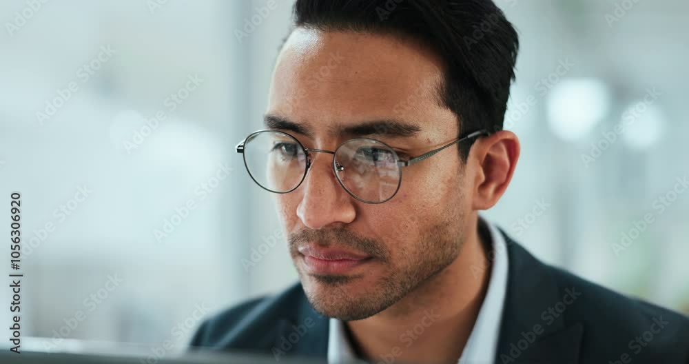 Poster office, thinking and man with laptop, glasses and checking email schedule for online business planni