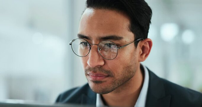 Office, thinking and man with laptop, glasses and checking email schedule for online business planning. Search, reading and businessman with website for connectivity, research or report on computer