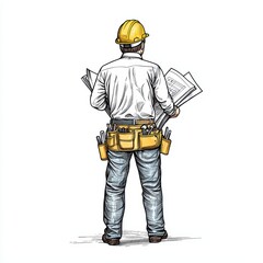 Fototapeta premium A construction worker reviewing plans, wearing a safety helmet and tool belt, white isolated background.