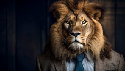 Portrait of a lion in a suit and tie