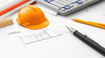 Construction plans, hard hat, and tools on workspace