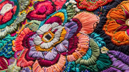 A handembroidered textile showcasing an array of colorful and intricate patterns.