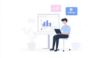 person working on laptop at desk with data charts and icons