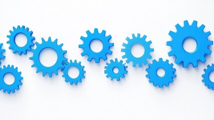 Blue gears arranged creatively on white background, symbolizing technology and optimization