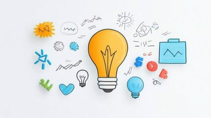 Creative light bulb illustration with business icons and sketches