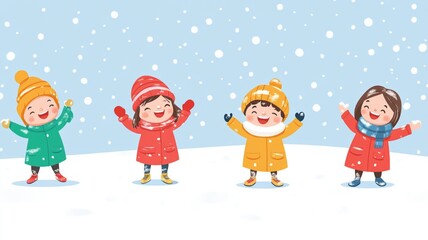 Fototapeta premium Children bundled up in colorful winter coats joyfully playing in snow