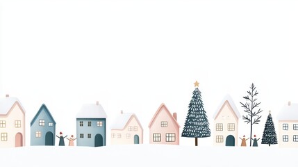 Charming winter village scene featuring pastel houses, snow, and festive trees on a white background.